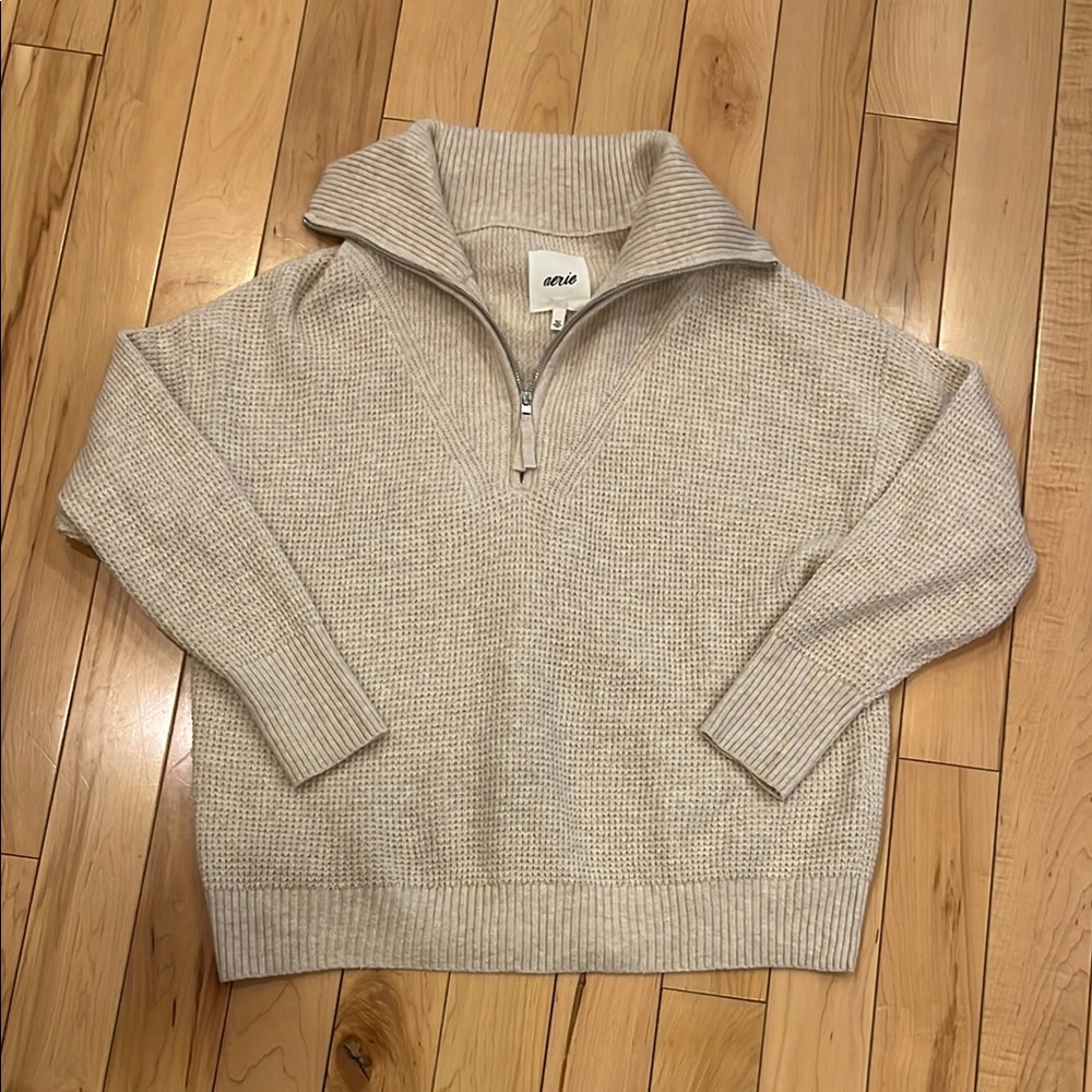 Aerie Cream Zip Up Sweater Cozy Knit Small